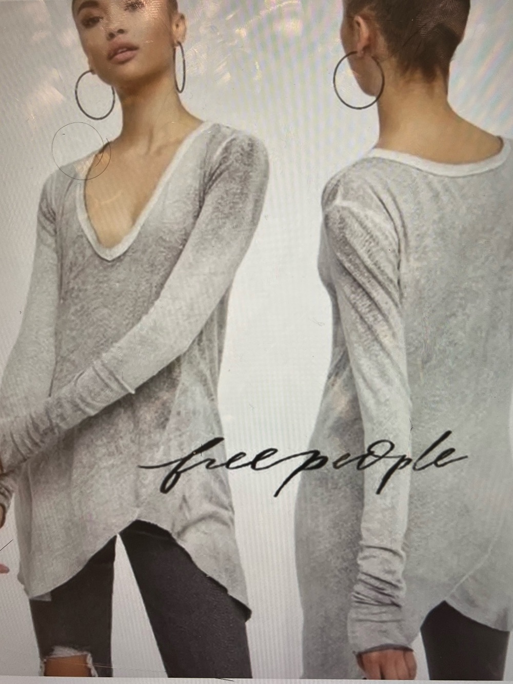 We The Free Light Heather Gray V-Neck Pullover Long Sleeve Shirt